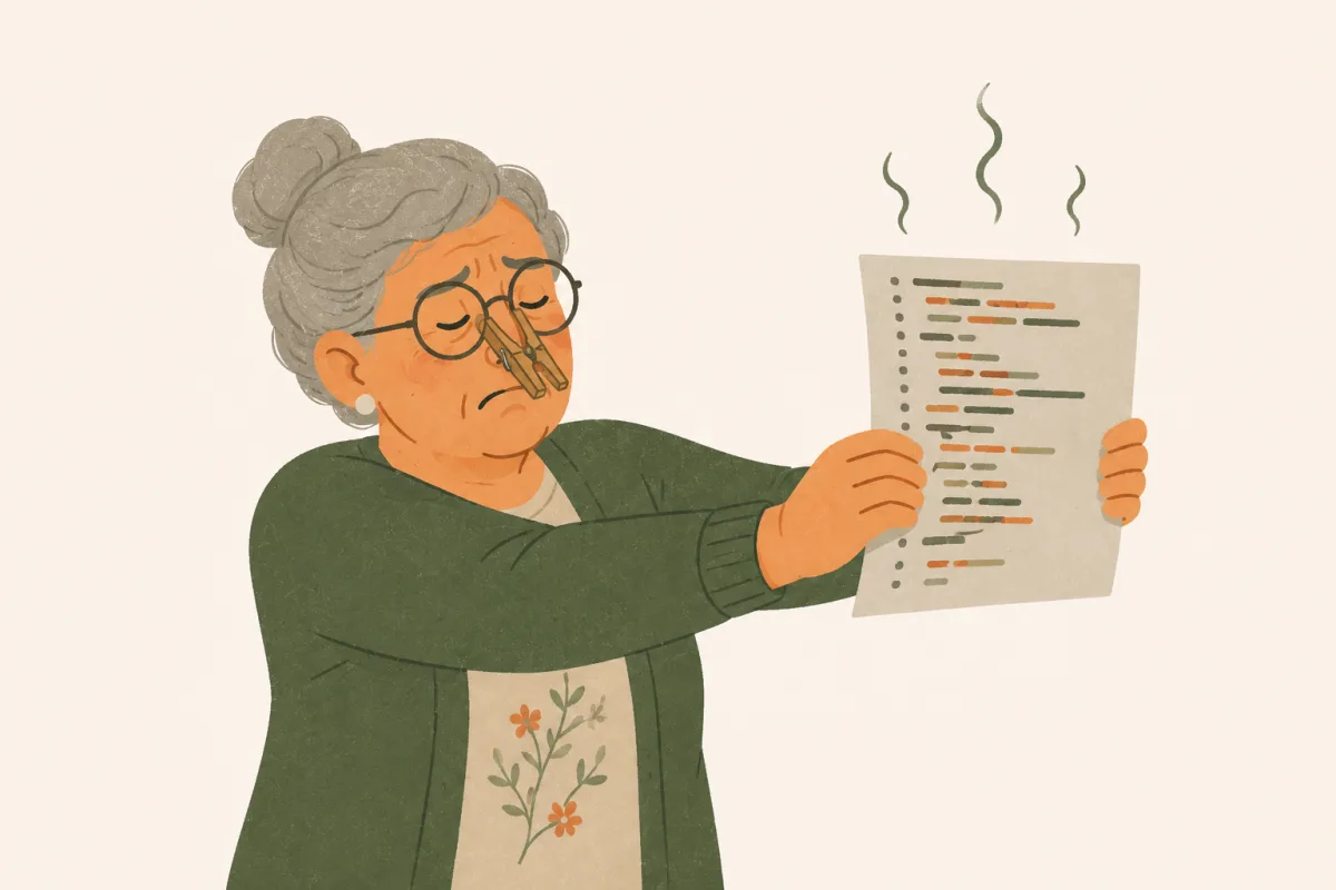 A grandmother in glasses holds a sheet of source code at arm's length like a dirty diaper, clothespin on her nose, stink lines rising from the paper