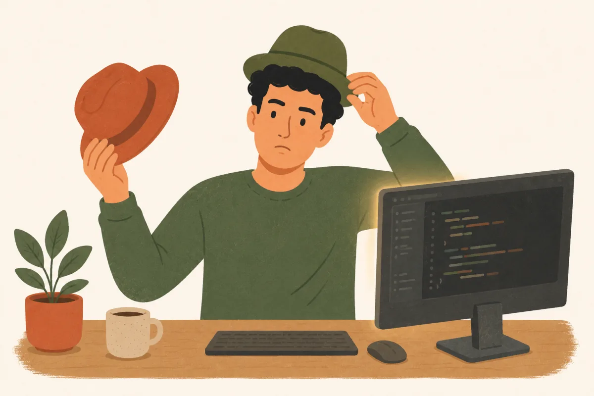 A developer at a desk mid-swap between two hats, one green on the head, one terracotta in hand, in front of a glowing code editor