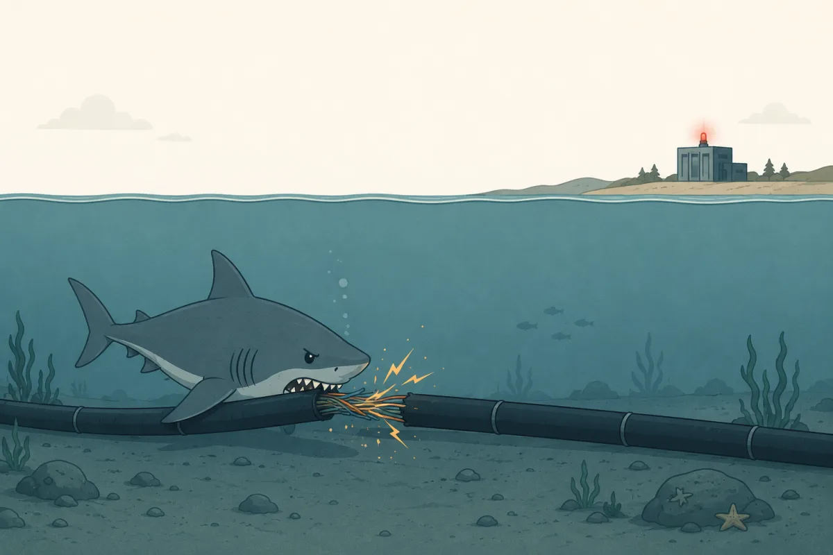 Vue en coupe d'un océan : un requin mord un câble de données sous-marin, des étincelles jaillissent, un petit datacenter au loin sur la côte allume un voyant rouge
