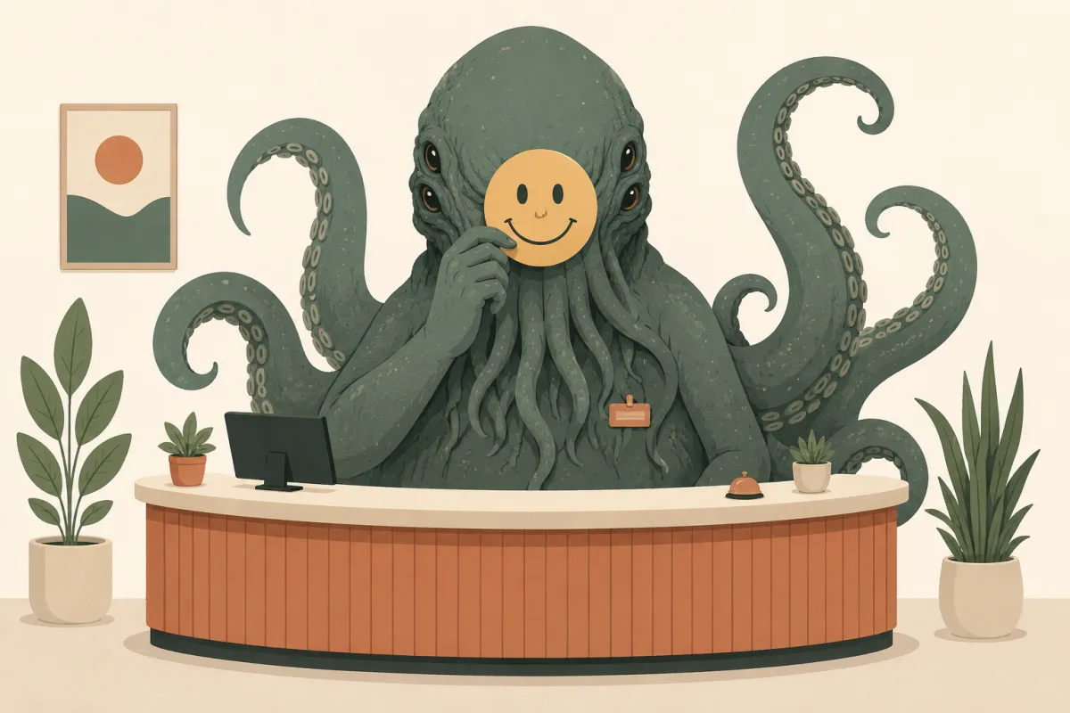 A huge tentacled sea monster standing behind a customer-service desk, holding a small yellow smiley-face mask in front of its face