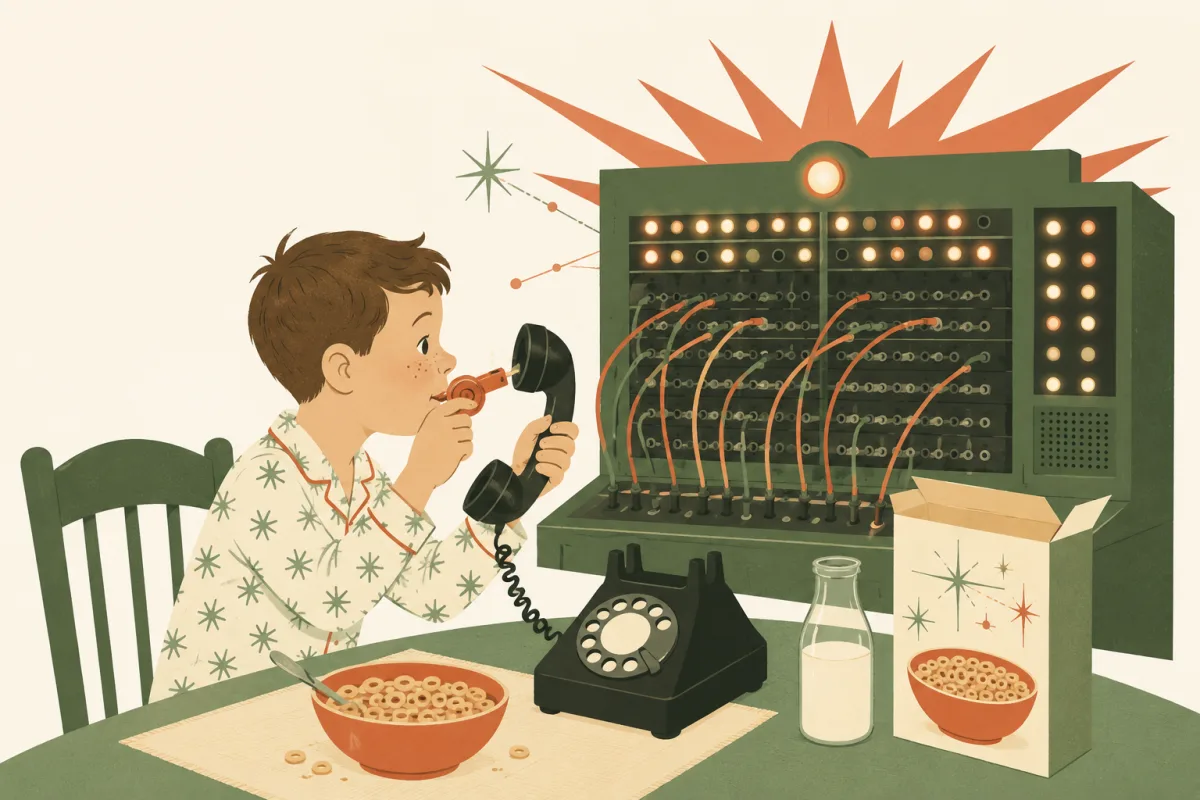 A 1960s kid in pajamas at breakfast, blowing a toy whistle into a rotary phone handset while a giant telephone switchboard lights up behind him