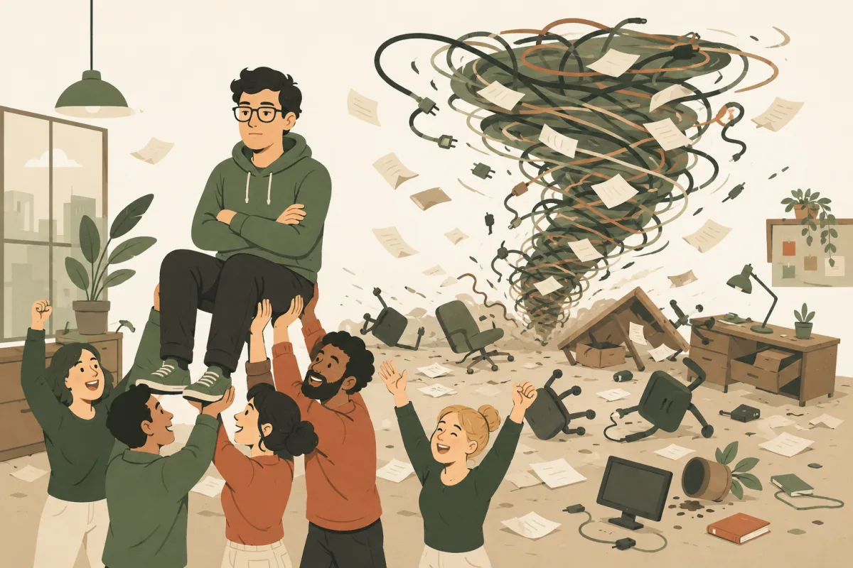 A programmer hero lifted on the shoulders of a cheering crowd in the foreground, while behind them a tornado of tangled cables and flying paper leaves a trail of toppled office chairs and desks