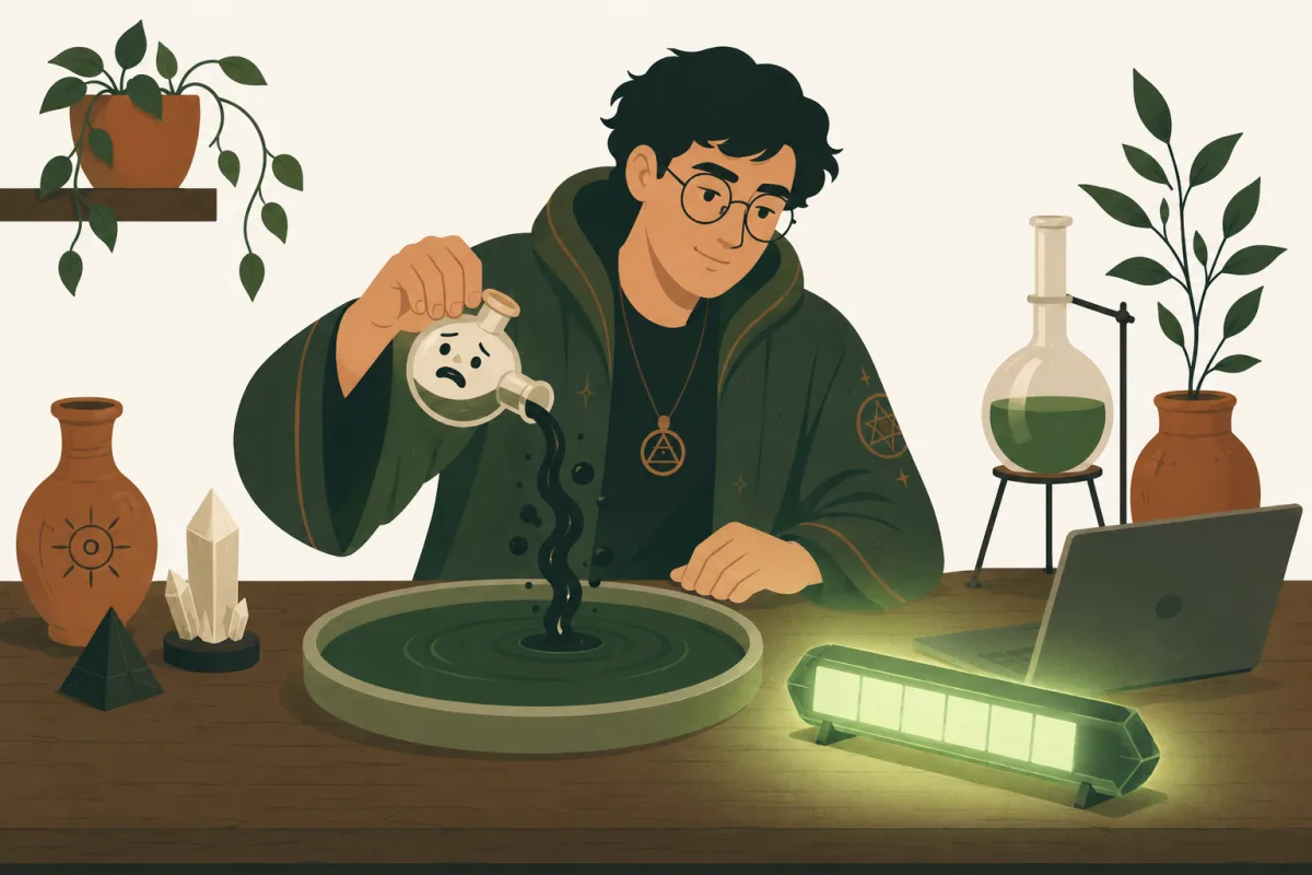 An alchemist's workbench: a developer pours a dark swirling vial marked with a tiny worried face into a calm green puddle, lit by a glowing green progress bar like a magic stone