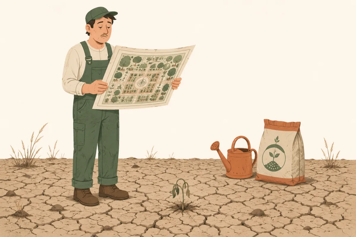 A gardener holding a beautiful detailed planting blueprint while standing over cracked barren dry soil where nothing grows, a tiny wilted seedling, a watering can and a bag of fertilizer sitting unused nearby
