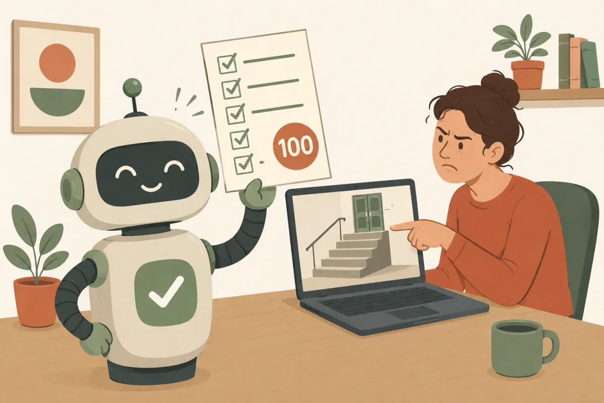 A friendly robot proudly holds a checklist of green checkmarks with a 100 badge, while a person at a laptop frowns and points at a staircase with no ramp shown on the screen, the barrier the robot missed