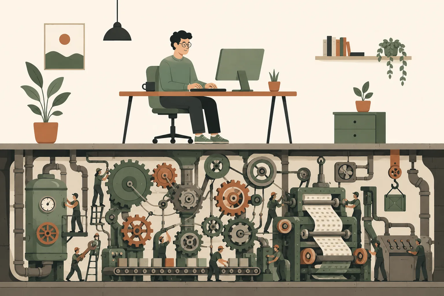 A developer typing serenely at a tidy desk while a cutaway below the floor reveals a busy machine room of gears, conveyor belts and pipes doing the real work