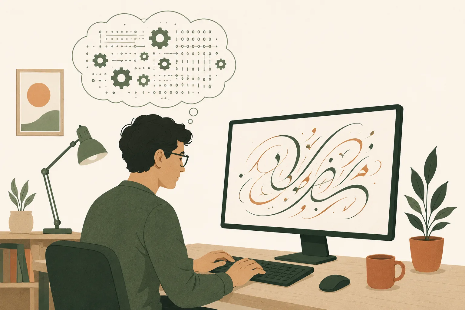 A developer typing elegant flowing calligraphy on a screen while their thought bubble contains tiny precise gears and binary-like dots arranged in neat machine patterns
